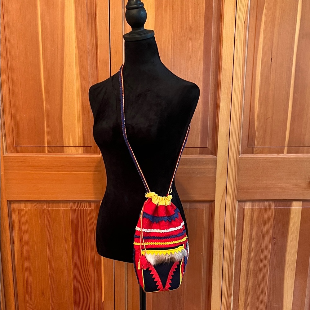 Vintage Finnish Felt Drawstring Bag with Reindeer detail